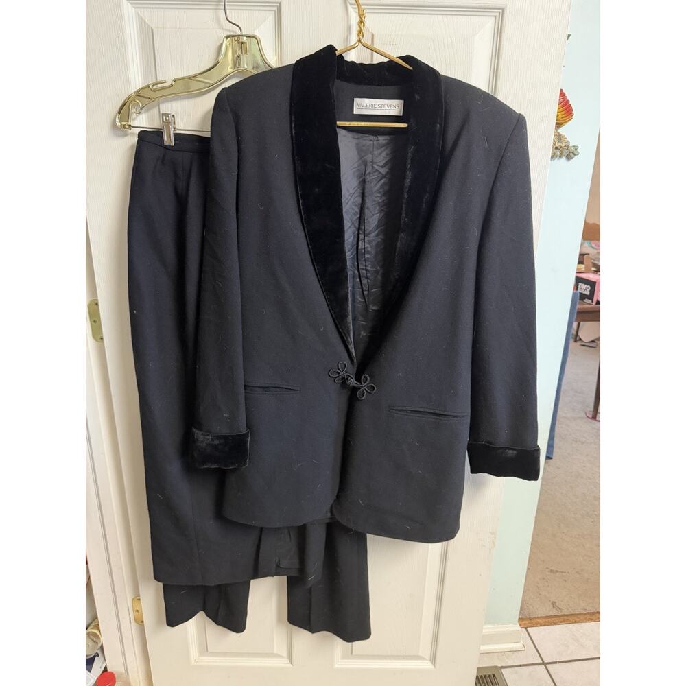 Valerie Stevens Pure Wool Black 3Pc Suit Jacket Pants Skirt 40w 26 Waist Small 4